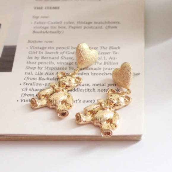 Gold Tone Teddy Bear Heart Earrings #1000016 - Picture 3 of 4